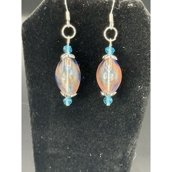 Glass Bead Dangle Earrings. Nickel Free. Orange And Blue - Picture 2 of 3